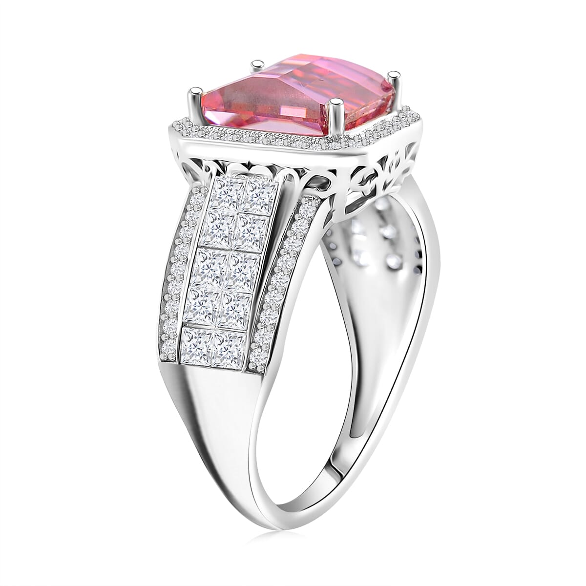 Pink and White Moissanite 6.20 ctw Ring in Rhodium Over Sterling Silver (Size 6.0) image number 2