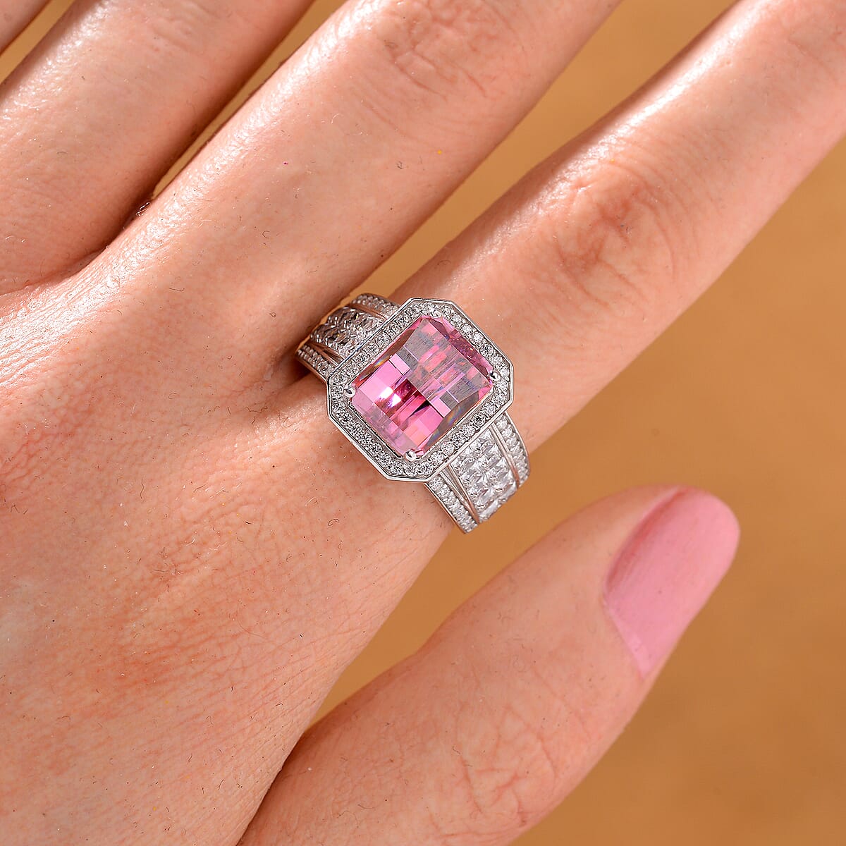 Fancy Cut Pink and White Moissanite 6.20 ctw Art Deco Ring in Rhodium Over Sterling Silver (Size 9.0) image number 1