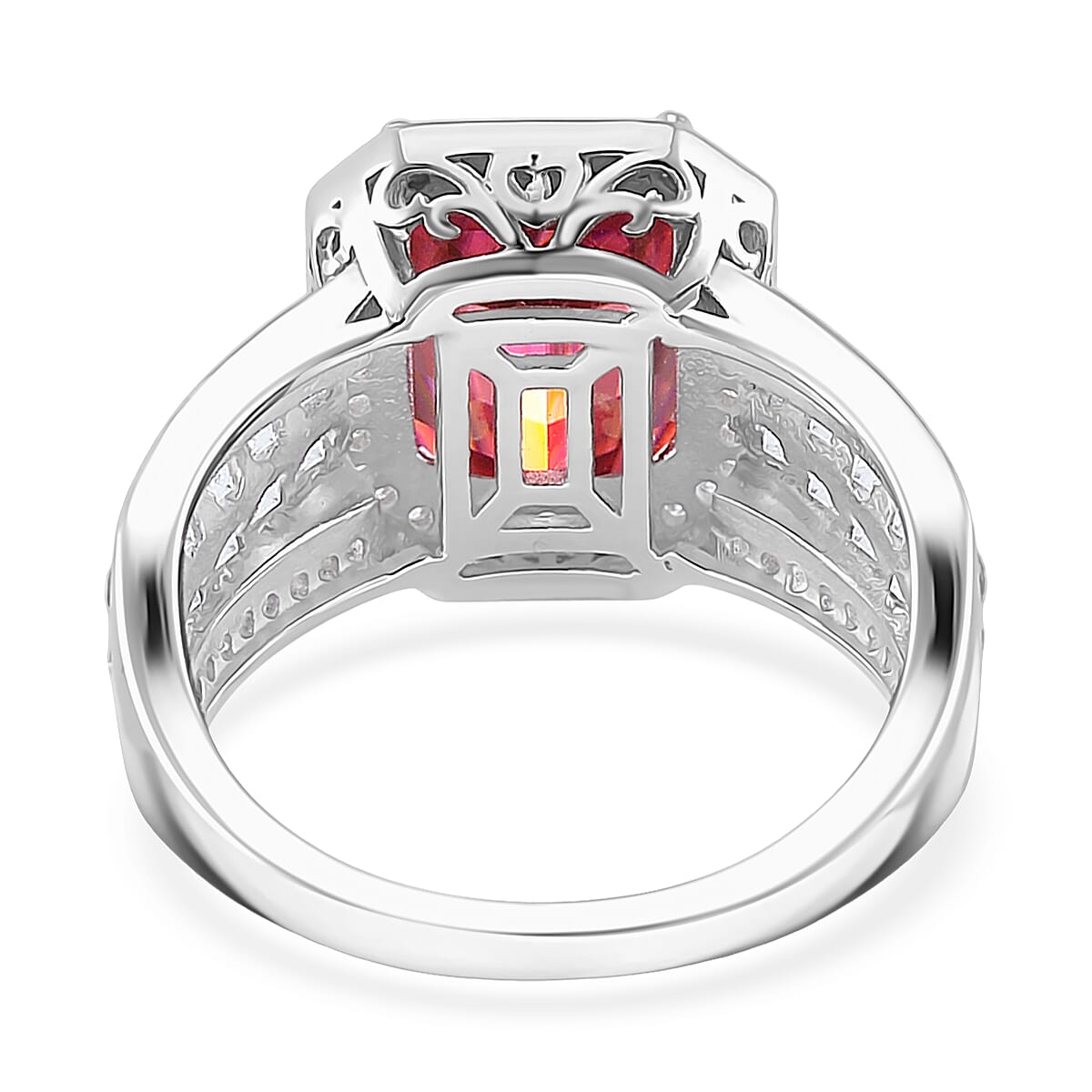 Fancy Cut Pink and White Moissanite 6.20 ctw Art Deco Ring in Rhodium Over Sterling Silver (Size 9.0) image number 3