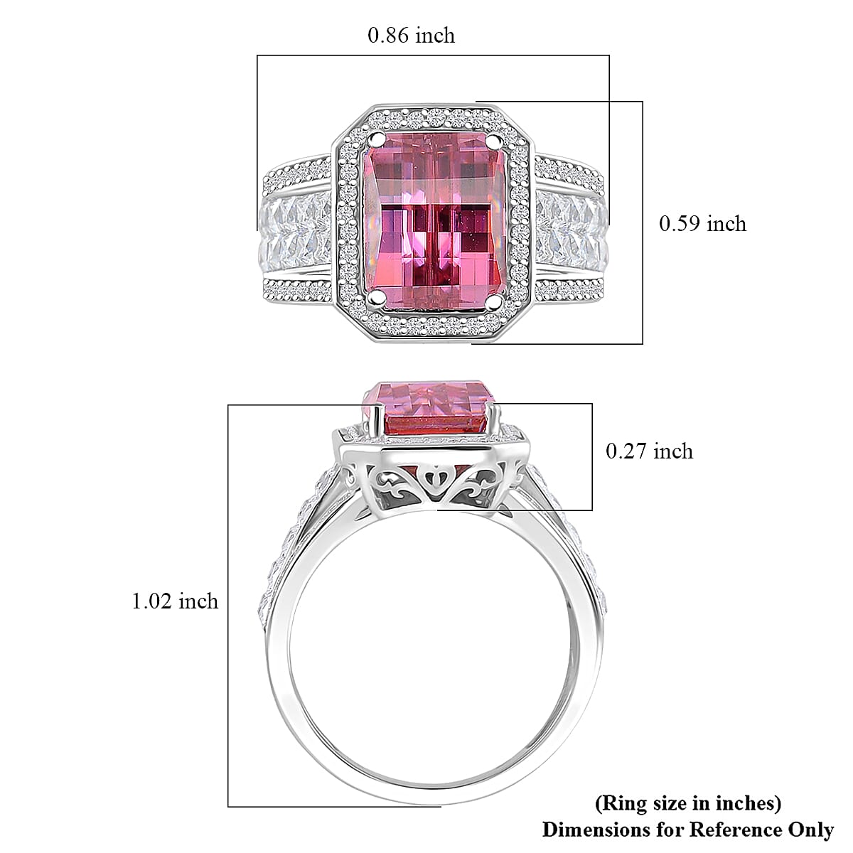 Fancy Cut Pink and White Moissanite 6.20 ctw Art Deco Ring in Rhodium Over Sterling Silver (Size 9.0) image number 4
