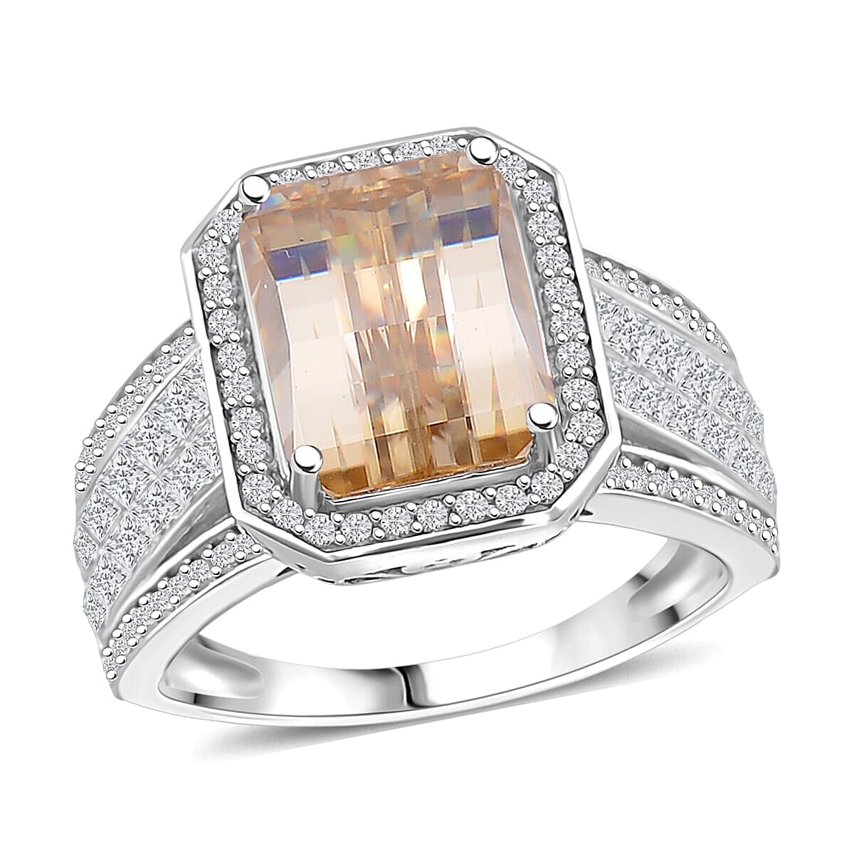 Champagne and White Moissanite (Oct 10x8mm) Ring in Rhodium Over Sterling Silver (Size 5.0) 5.00 ctw image number 0