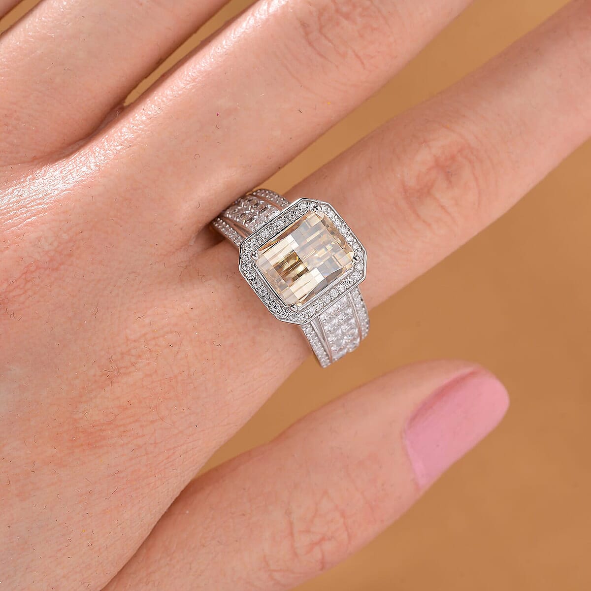 Champagne and White Moissanite (Oct 10x8mm) Ring in Rhodium Over Sterling Silver (Size 5.0) 5.00 ctw image number 1