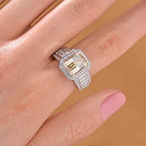 Champagne and White Moissanite (Oct 10x8mm) Ring in Rhodium Over Sterling Silver (Size 5.0) 5.00 ctw