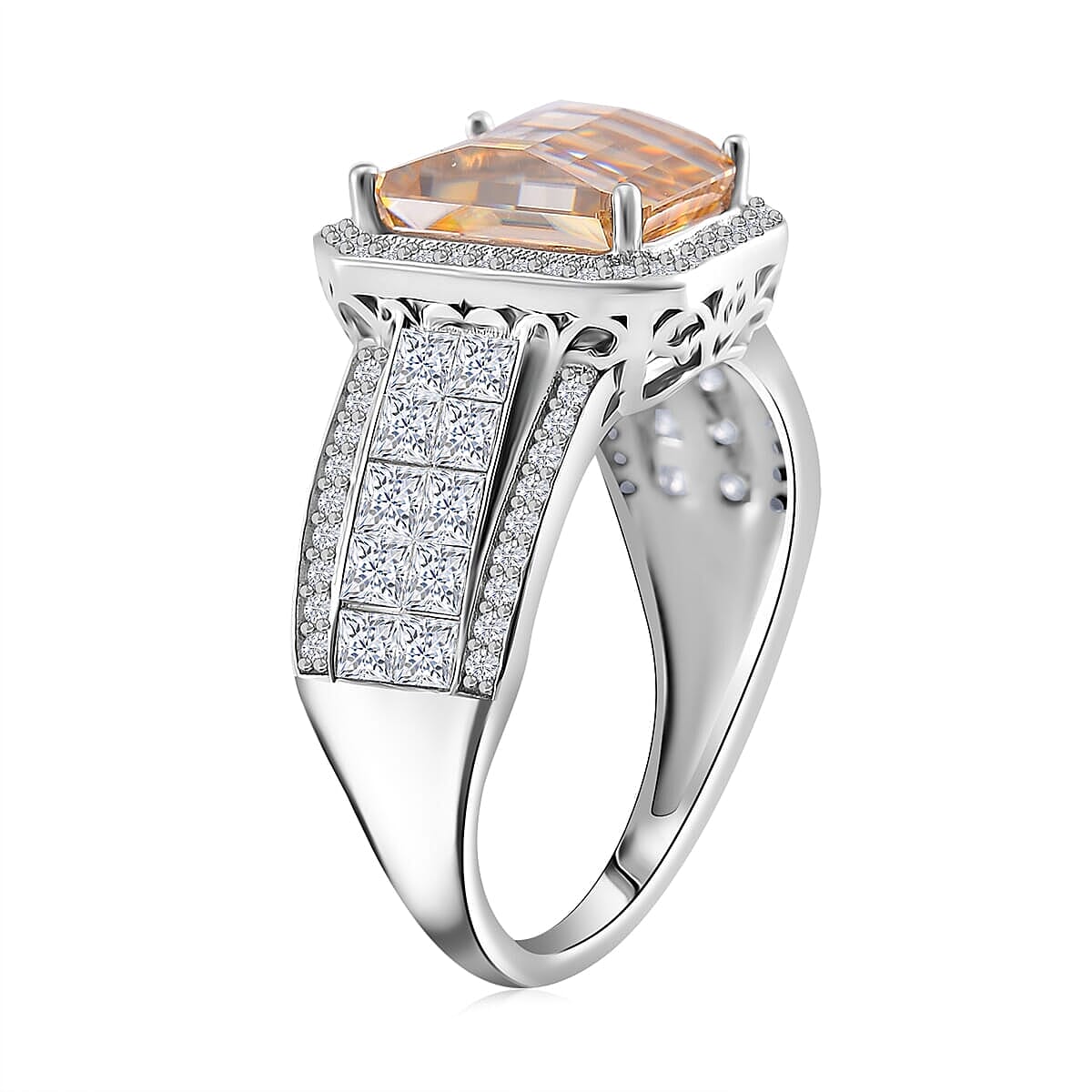 Champagne and White Moissanite (Oct 10x8mm) Ring in Rhodium Over Sterling Silver (Size 5.0) 5.00 ctw image number 2