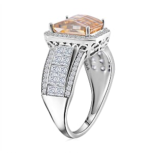 Champagne and White Moissanite (Oct 10x8mm) Ring in Rhodium Over Sterling Silver (Size 5.0) 5.00 ctw