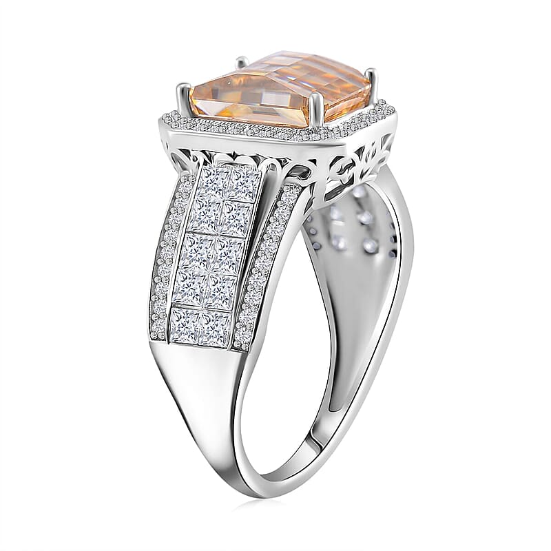 Champagne and White Moissanite (Oct 10x8mm) Ring in Rhodium Over Sterling Silver (Size 5.0) 5.00 ctw