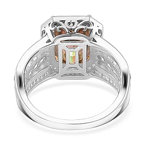 Champagne and White Moissanite (Oct 10x8mm) Ring in Rhodium Over Sterling Silver (Size 5.0) 5.00 ctw