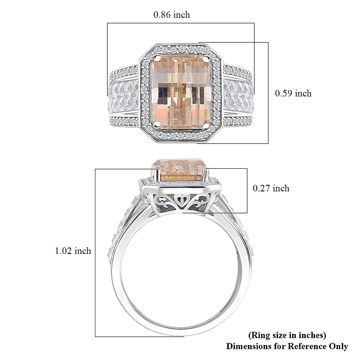 Champagne and White Moissanite (Oct 10x8mm) Ring in Rhodium Over Sterling Silver (Size 5.0) 5.00 ctw image number 4
