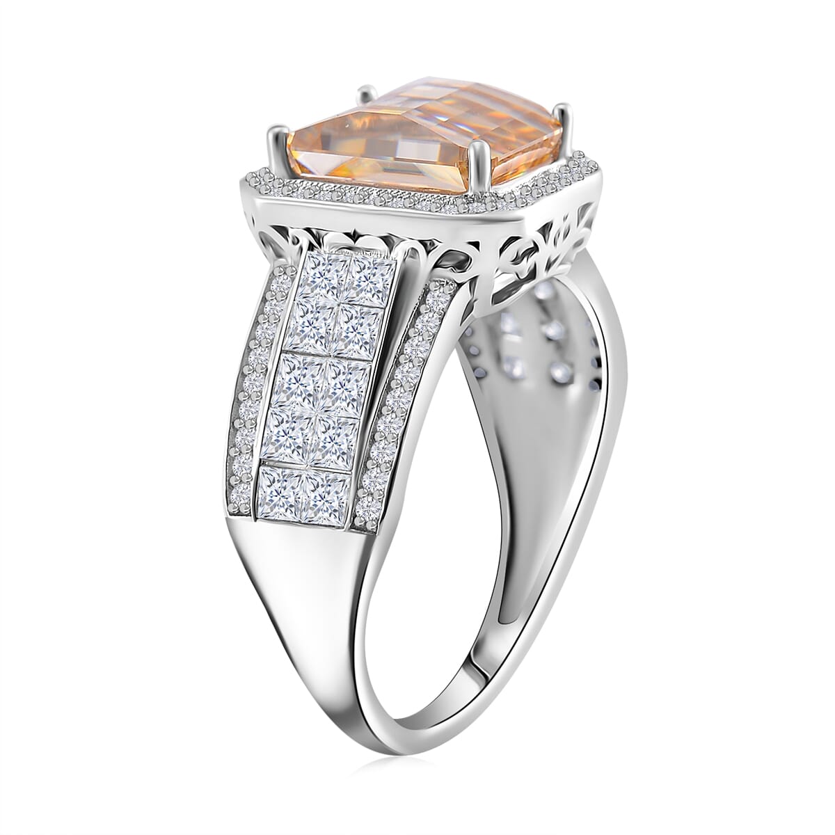 Champagne and White Moissanite 5.00 ctw Ring in Rhodium Over Sterling Silver (Size 6.0) image number 2