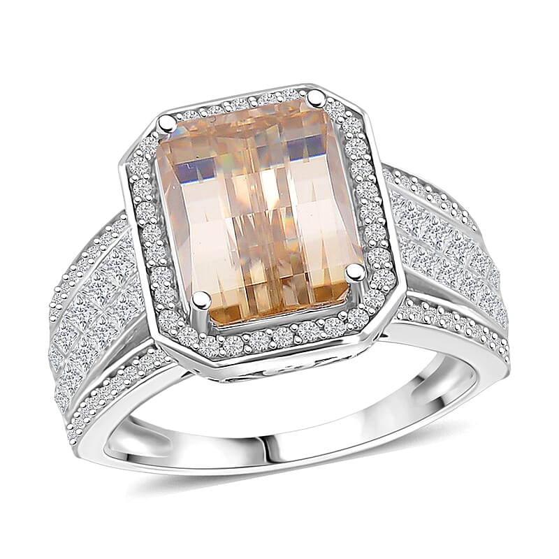 Fancy Cut Champagne and White Moissanite 5.00 ctw Art Deco Ring in Rhodium Over Sterling Silver (Size 7.0)