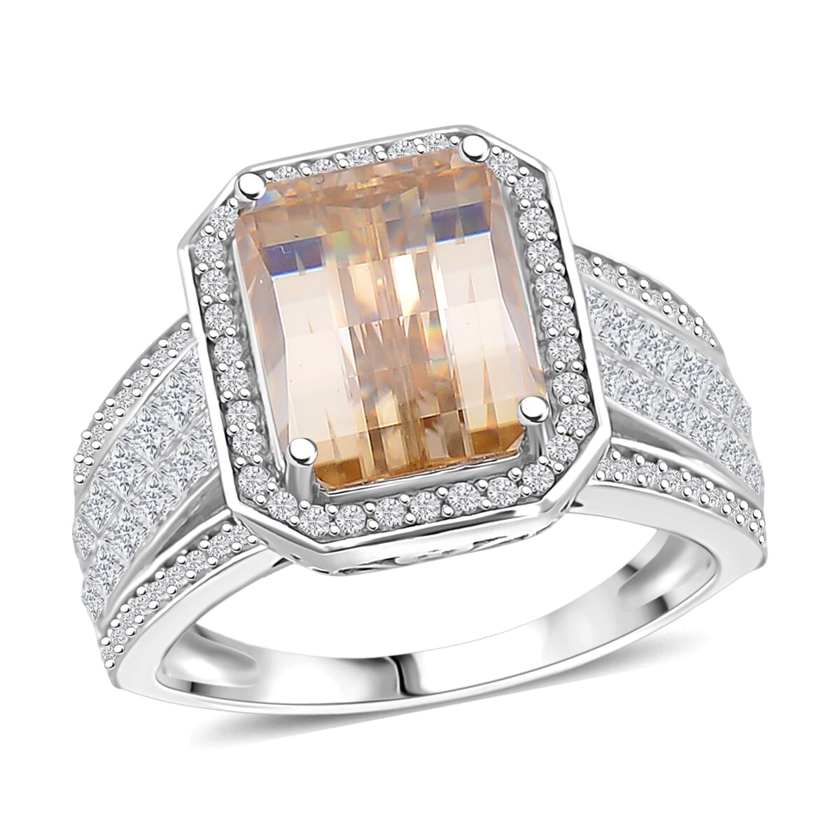 Champagne and White Moissanite 5.00 ctw Ring in Rhodium Over Sterling Silver (Size 8.0) image number 0