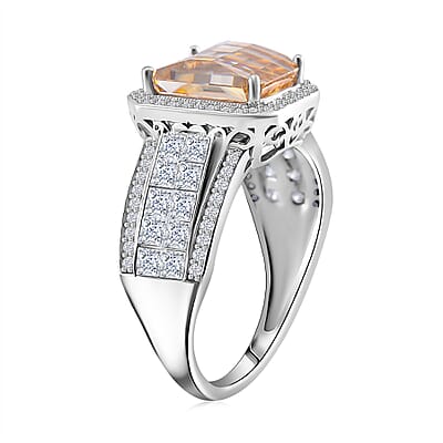 Fancy Cut Champagne and White Moissanite 5.00 ctw Art Deco Ring in Rhodium Over Sterling Silver (Size 8.0)