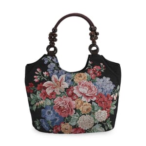 Multi Flower Pattern Tote Bag with Wooden Beads Handle