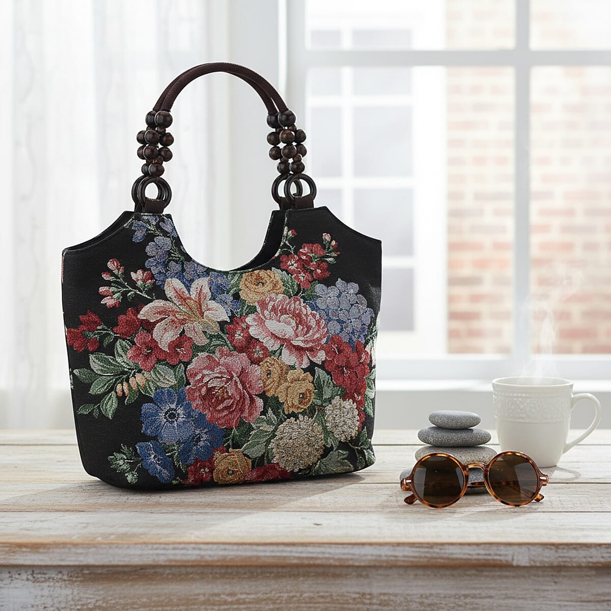 Tamsy Multi Flower Pattern Tote Bag with Wooden Beads Handle image number 1