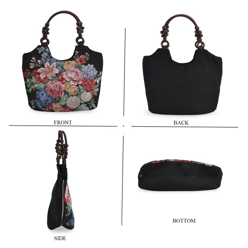 La Marey Multi Flower Pattern Tote Bag with Wooden Beads Handle