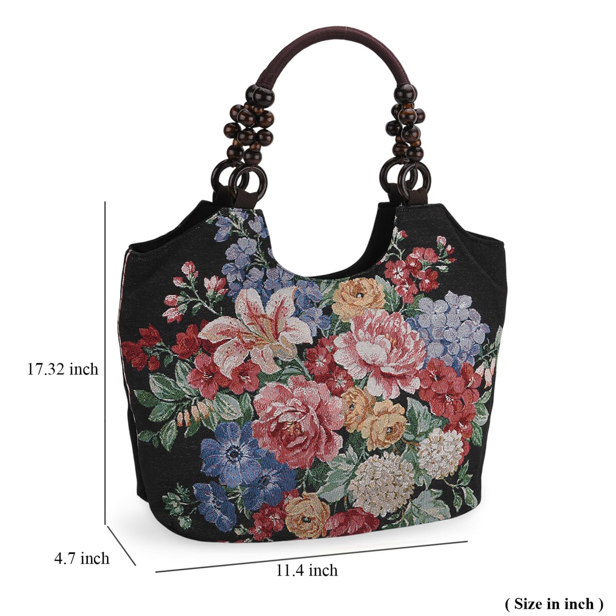 Multi Flower Pattern Tote Bag with Wooden Beads Handle image number 4