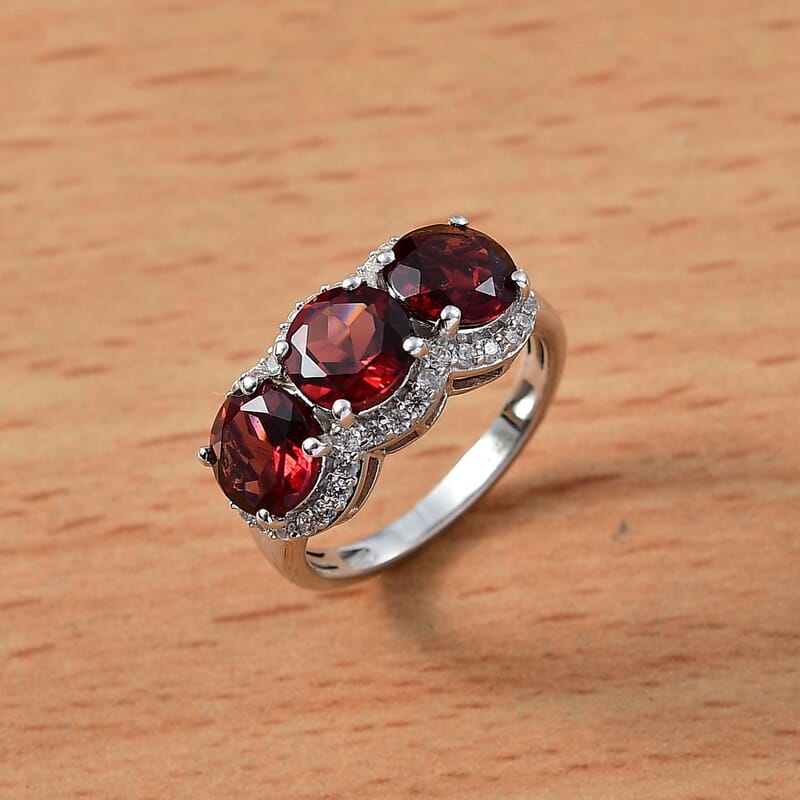 D'Joy Mozambique Garnet and White Zircon 4.90 ctw Crimson Trinity Ring in Rhodium Over Sterling Silver (Size 10.0)
