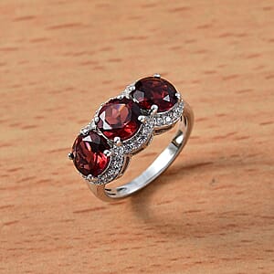 D'Joy Mozambique Garnet and White Zircon 4.90 ctw Crimson Trinity Ring in Rhodium Over Sterling Silver (Size 6.0)