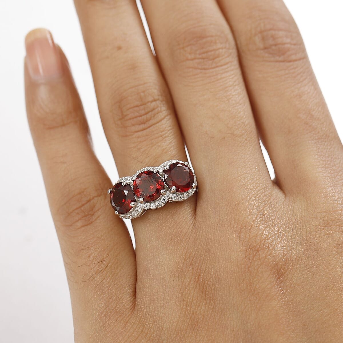 Mozambique Garnet and White Zircon 4.90 ctw Crimson Trinity Ring in Rhodium Over Sterling Silver (Size 6.0) image number 2