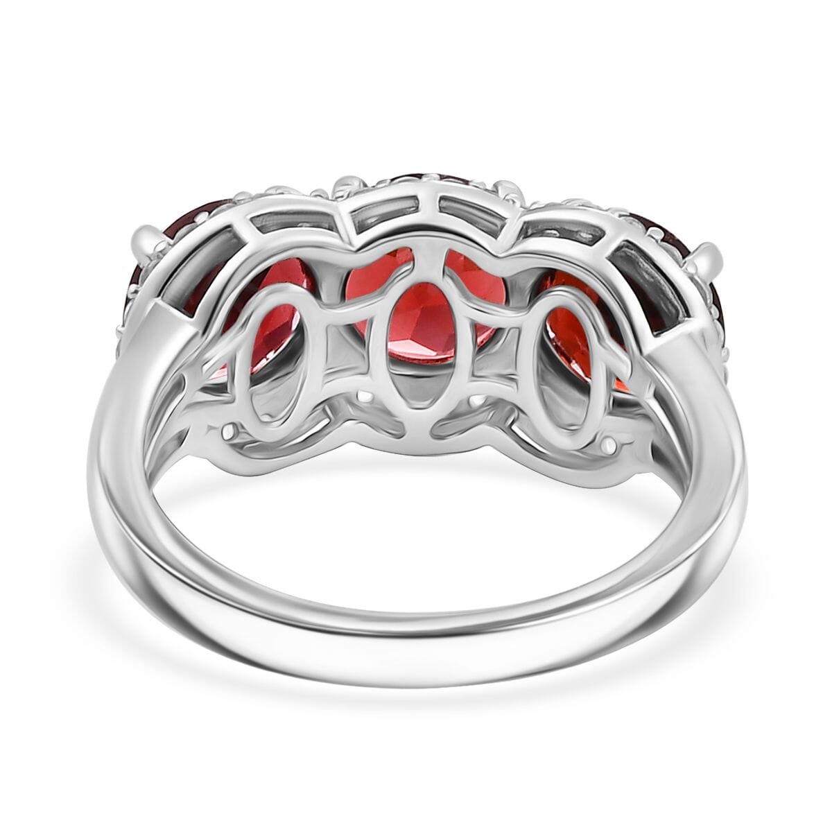 Mozambique Garnet and White Zircon 4.90 ctw Crimson Trinity Ring in Rhodium Over Sterling Silver (Size 6.0) image number 4