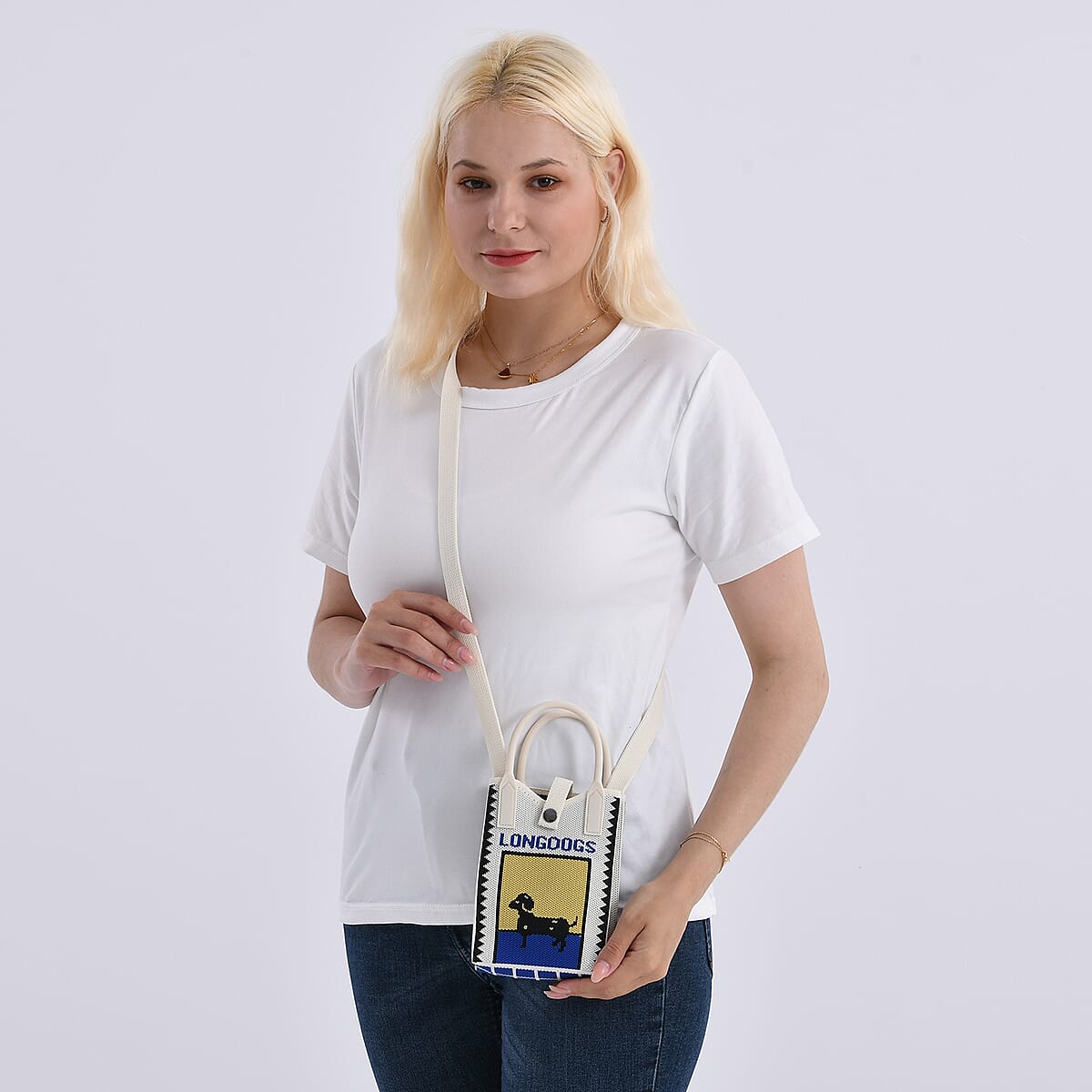 White Long Dog Print Polyester Crossbody Cellphone Bag image number 2