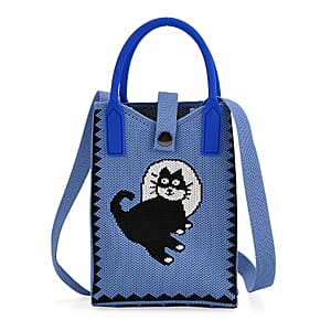 Blue with Black Cat Print Polyester Crossbody Cellphone Bag