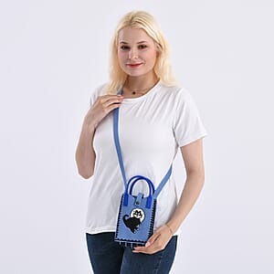 Blue with Black Cat Print Polyester Crossbody Cellphone Bag
