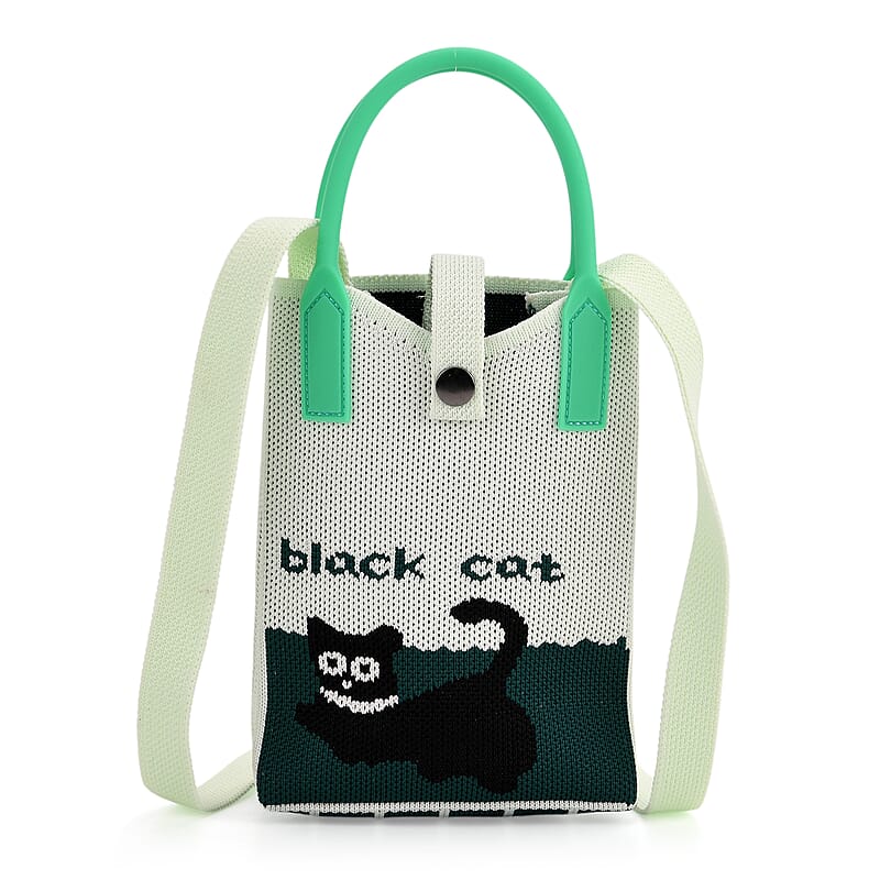 Green with Black Cat Print Crossbody Bag