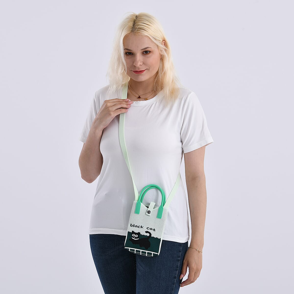 Green with Black Cat Print Polyester Crossbody Cellphone Bag image number 1