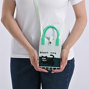 Green with Black Cat Print Polyester Crossbody Cellphone Bag