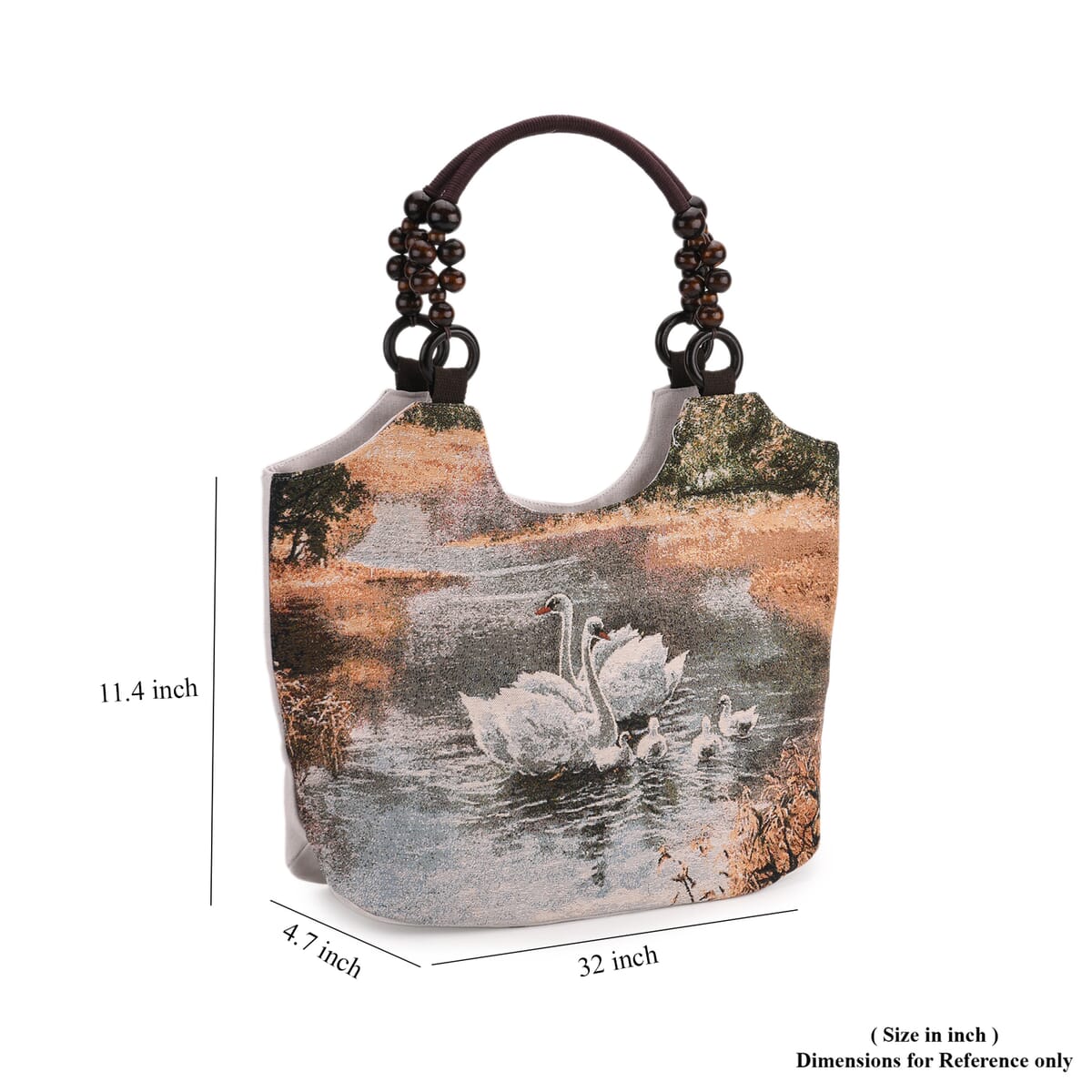 Bonny Swan Pattern Tote Bag with Wooden Beads Handle image number 4