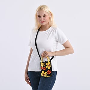 Black with Flower Print Polyester Crossbody Cellphone Bag