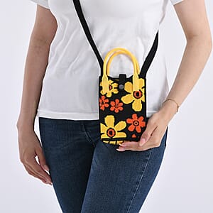 Black with Flower Print Polyester Crossbody Cellphone Bag