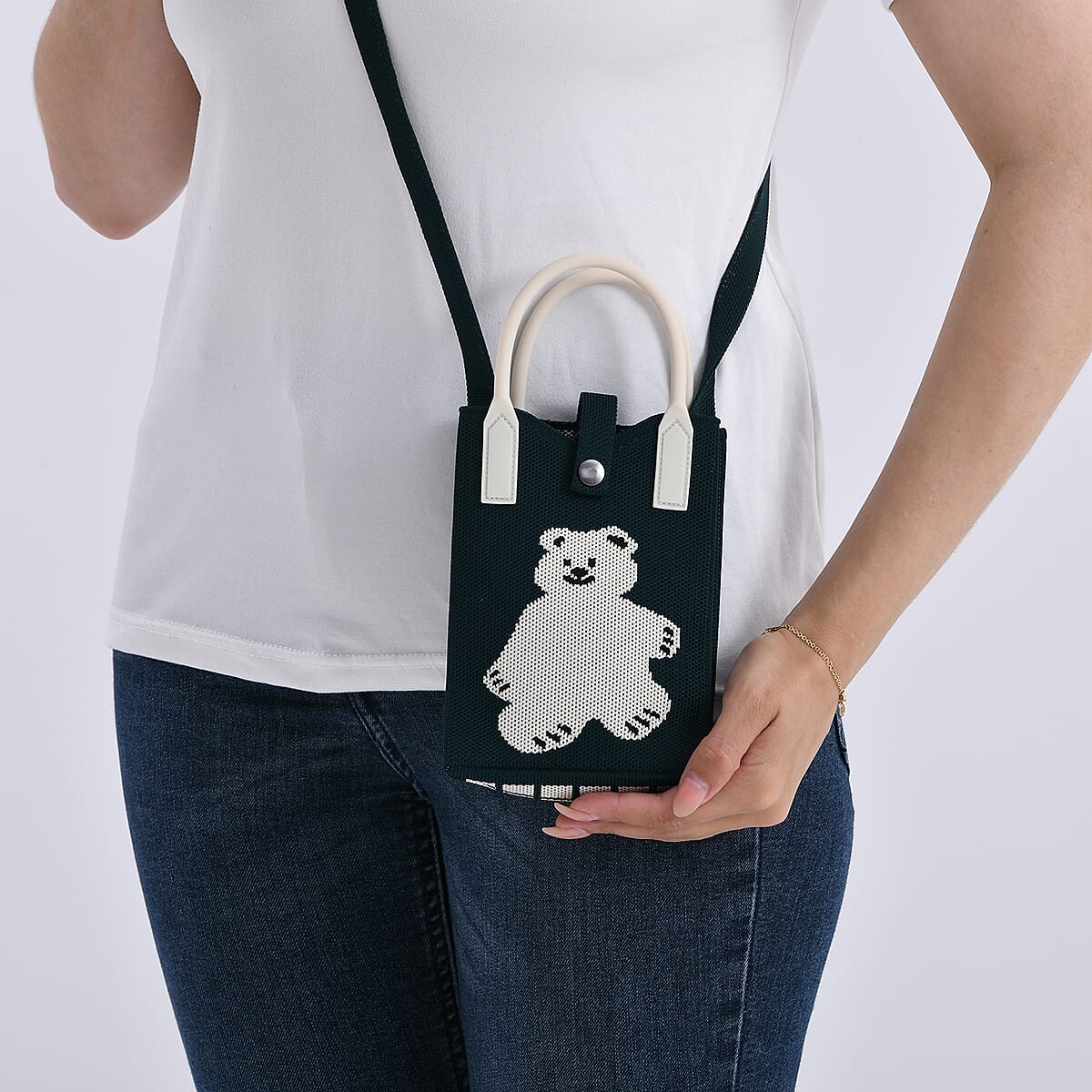 Dark Green with White Bear Print Polyester Crossbody Cellphone Bag image number 2