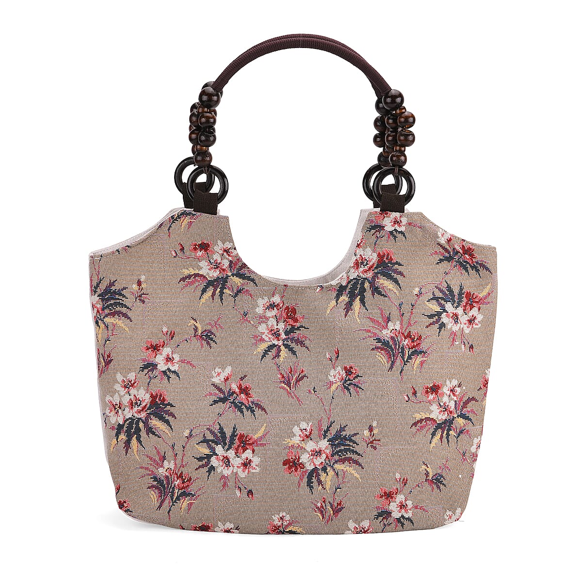 Delicate Flower Pattern Tote Bag with Wooden Beads Handle image number 0