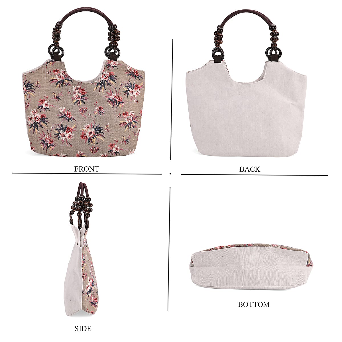 Delicate Flower Pattern Tote Bag with Wooden Beads Handle image number 1