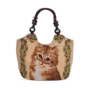 Cat Pattern Tote Bag with Wooden Beads Handle