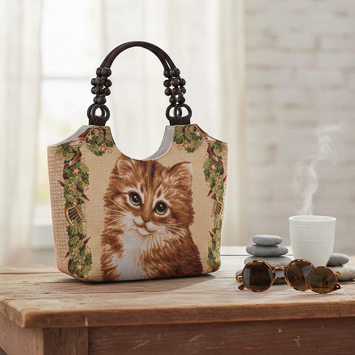 Tamsy Cat Pattern Tote Bag with Wooden Beads Handle image number 1