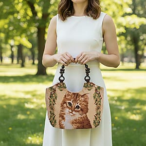 Tamsy Cat Pattern Tote Bag with Wooden Beads Handle