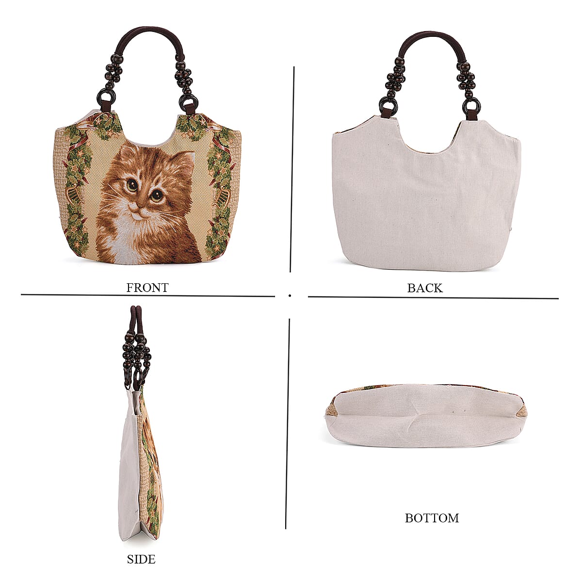 Cat Pattern Tote Bag with Wooden Beads Handle image number 1