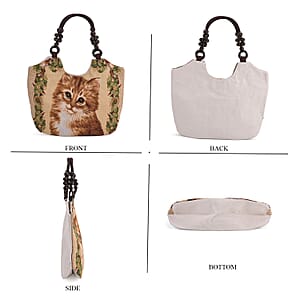 Tamsy Cat Pattern Tote Bag with Wooden Beads Handle