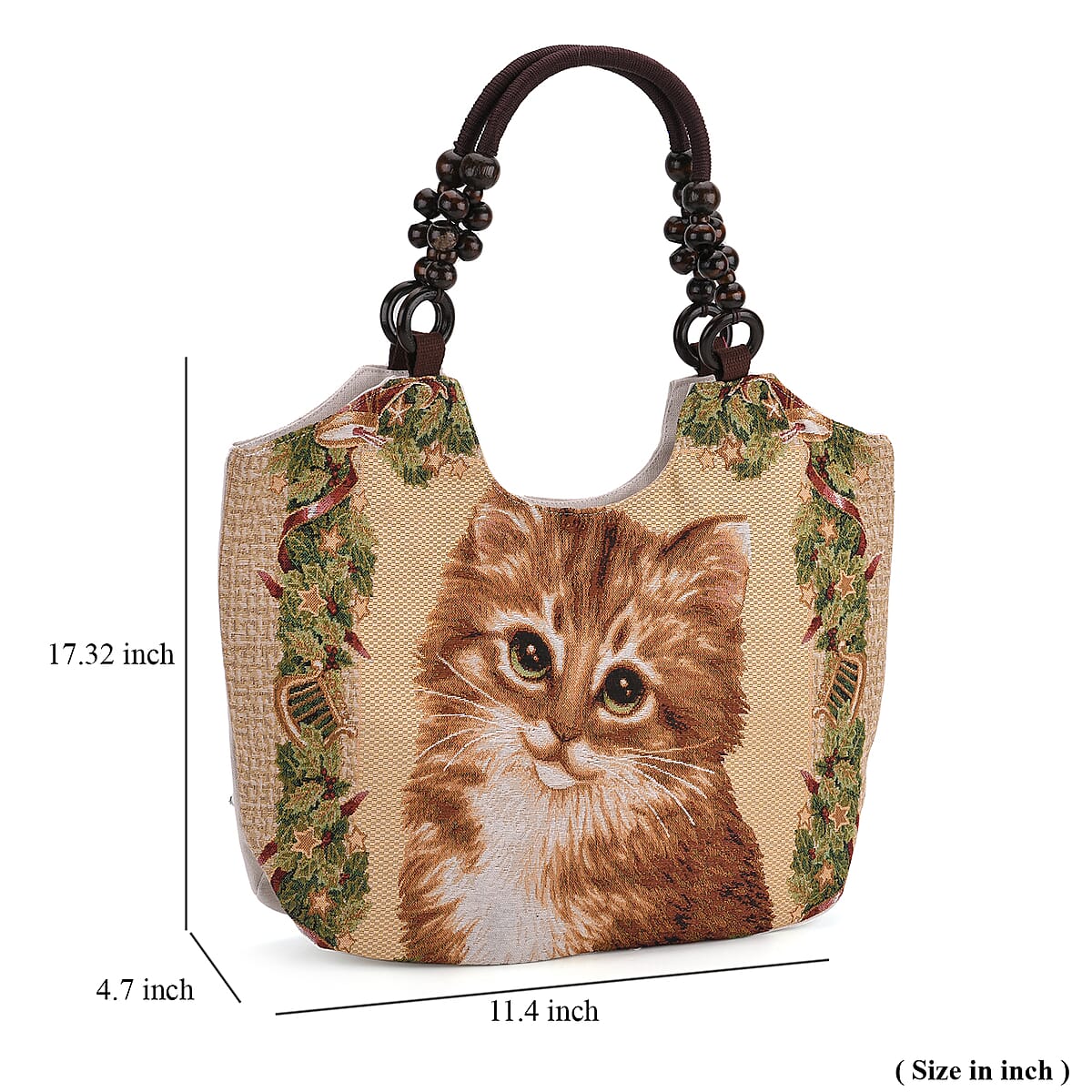 Cat Pattern Tote Bag with Wooden Beads Handle image number 4