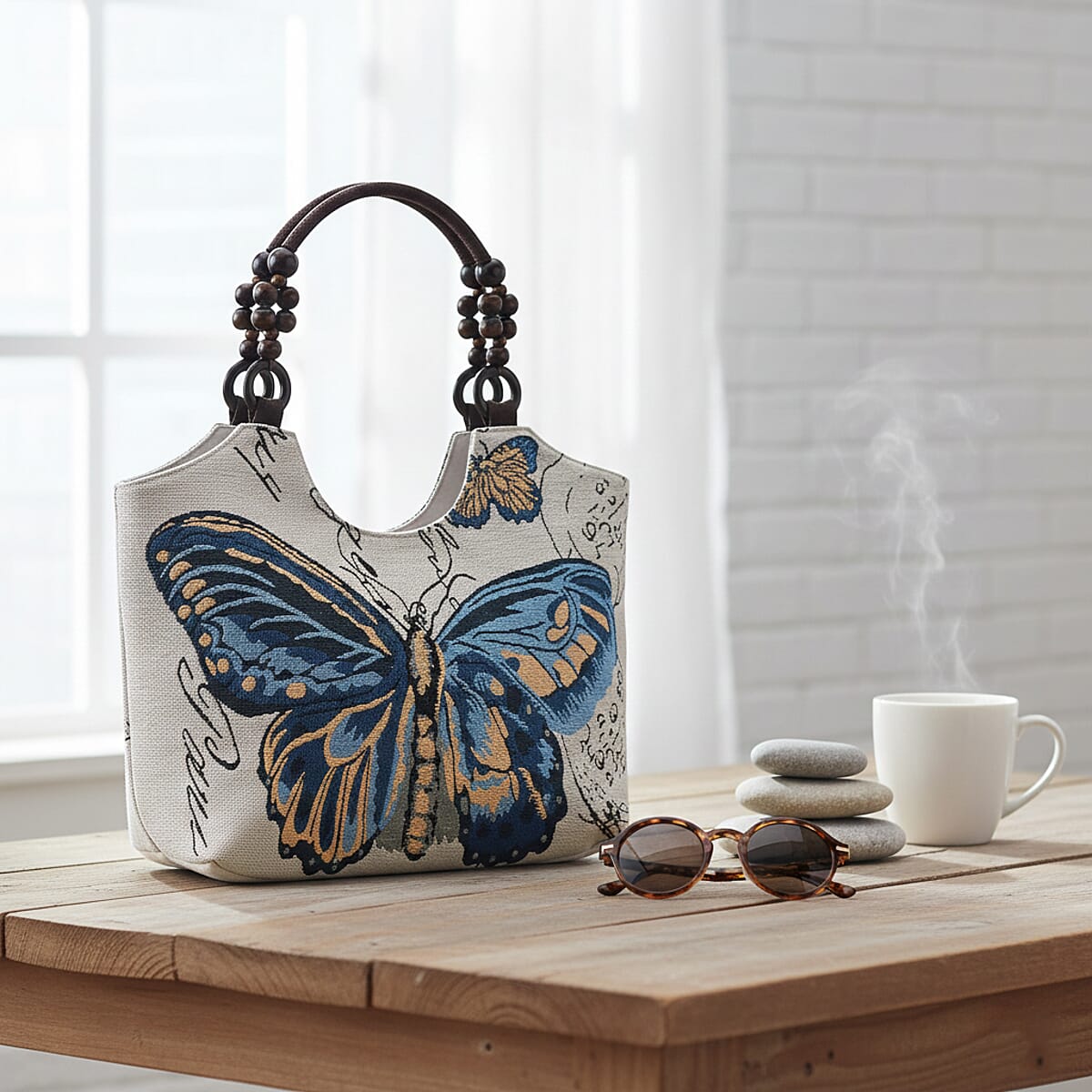 Tamsy Butterfly Pattern Tote Bag with Wooden Beads Handle image number 1