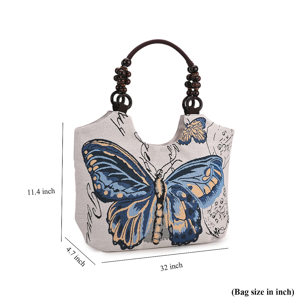 Tamsy Butterfly Pattern Tote Bag with Wooden Beads Handle image number 6