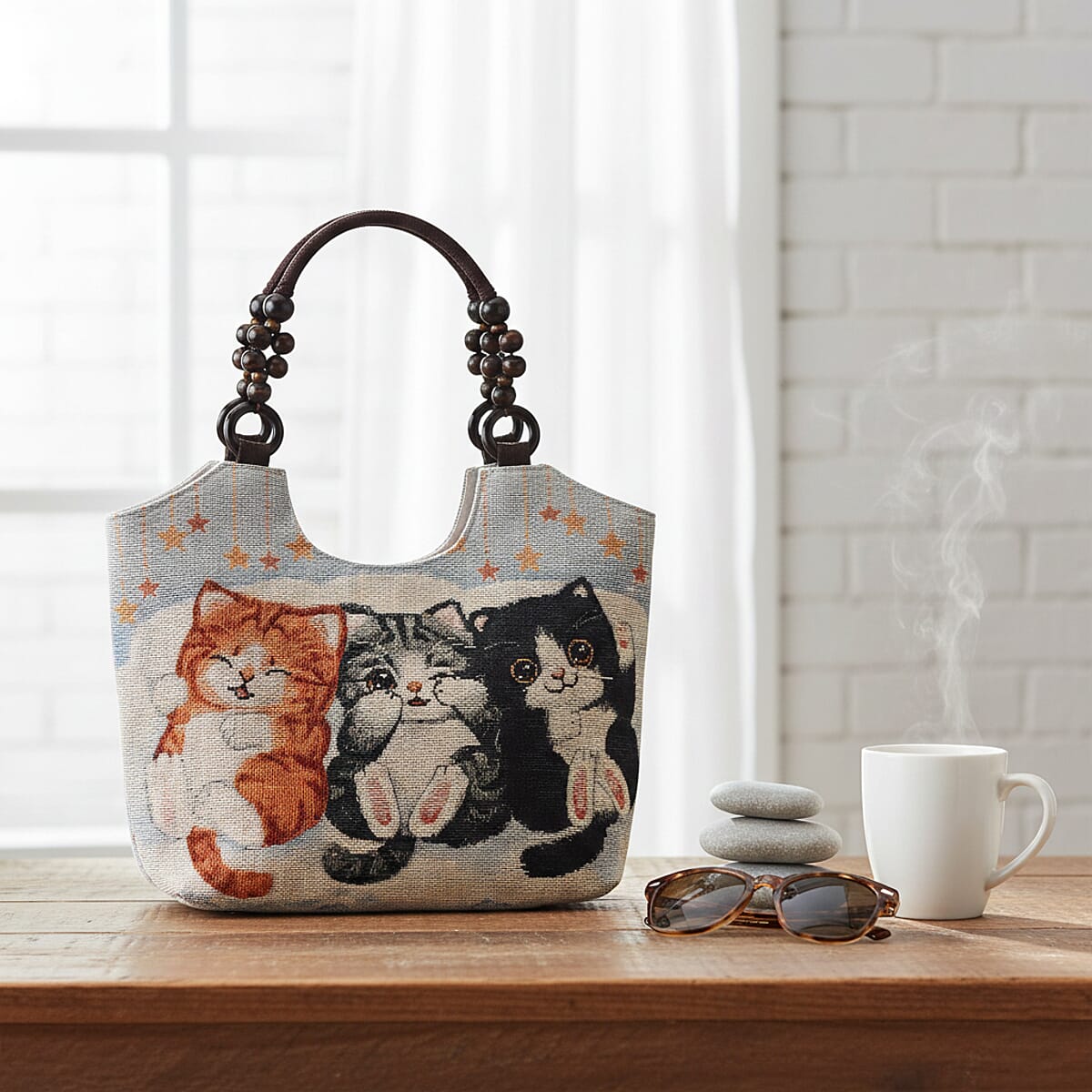 Tamsy Cats Pattern Tote Bag with Wooden Beads Handle image number 1