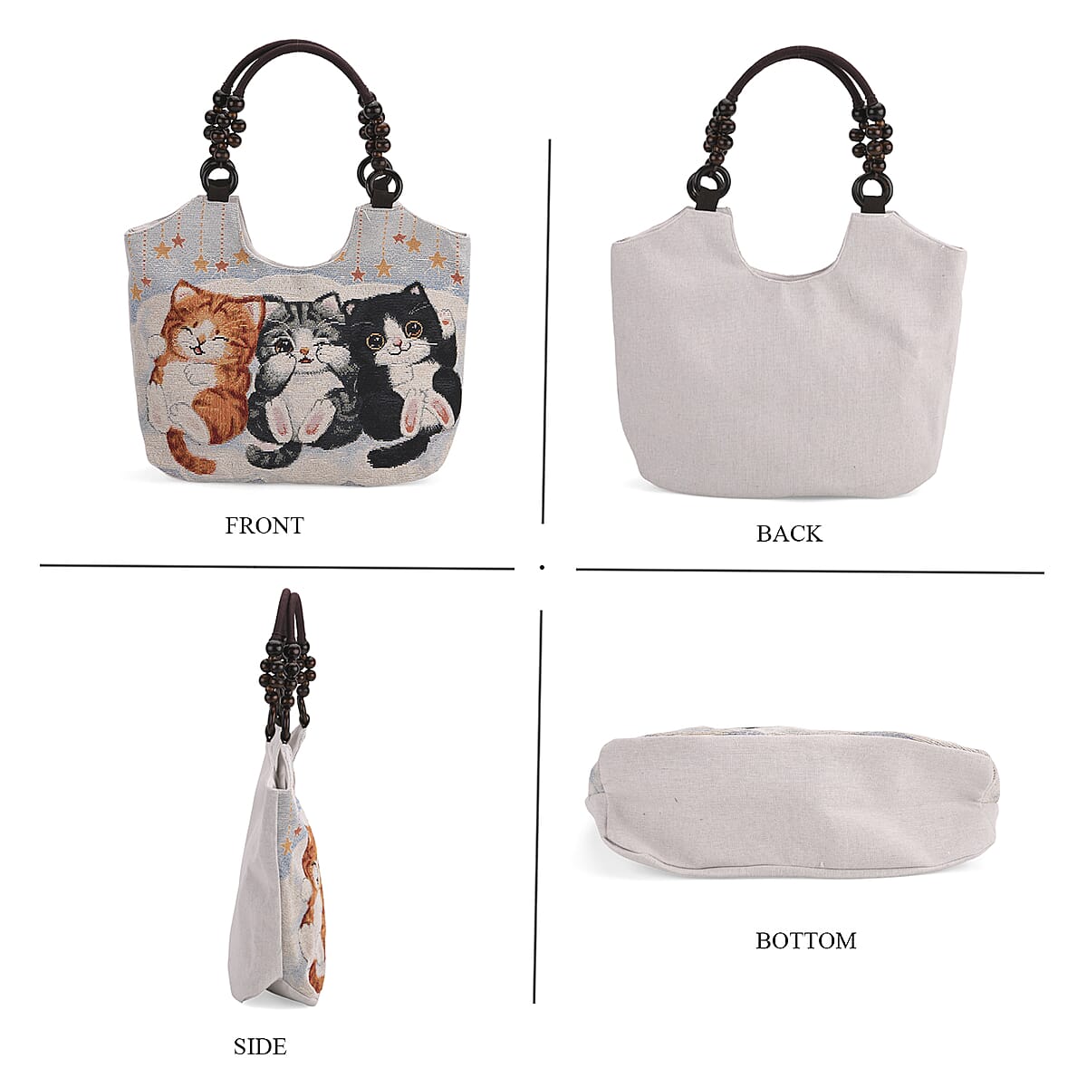 Tamsy Cats Pattern Tote Bag with Wooden Beads Handle image number 1