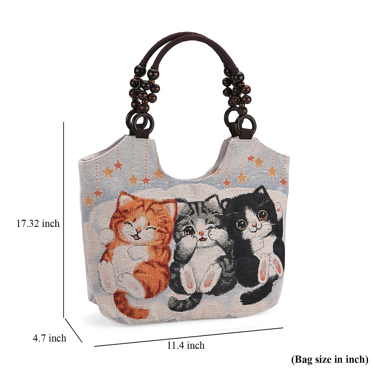Tamsy Cats Pattern Tote Bag with Wooden Beads Handle image number 4
