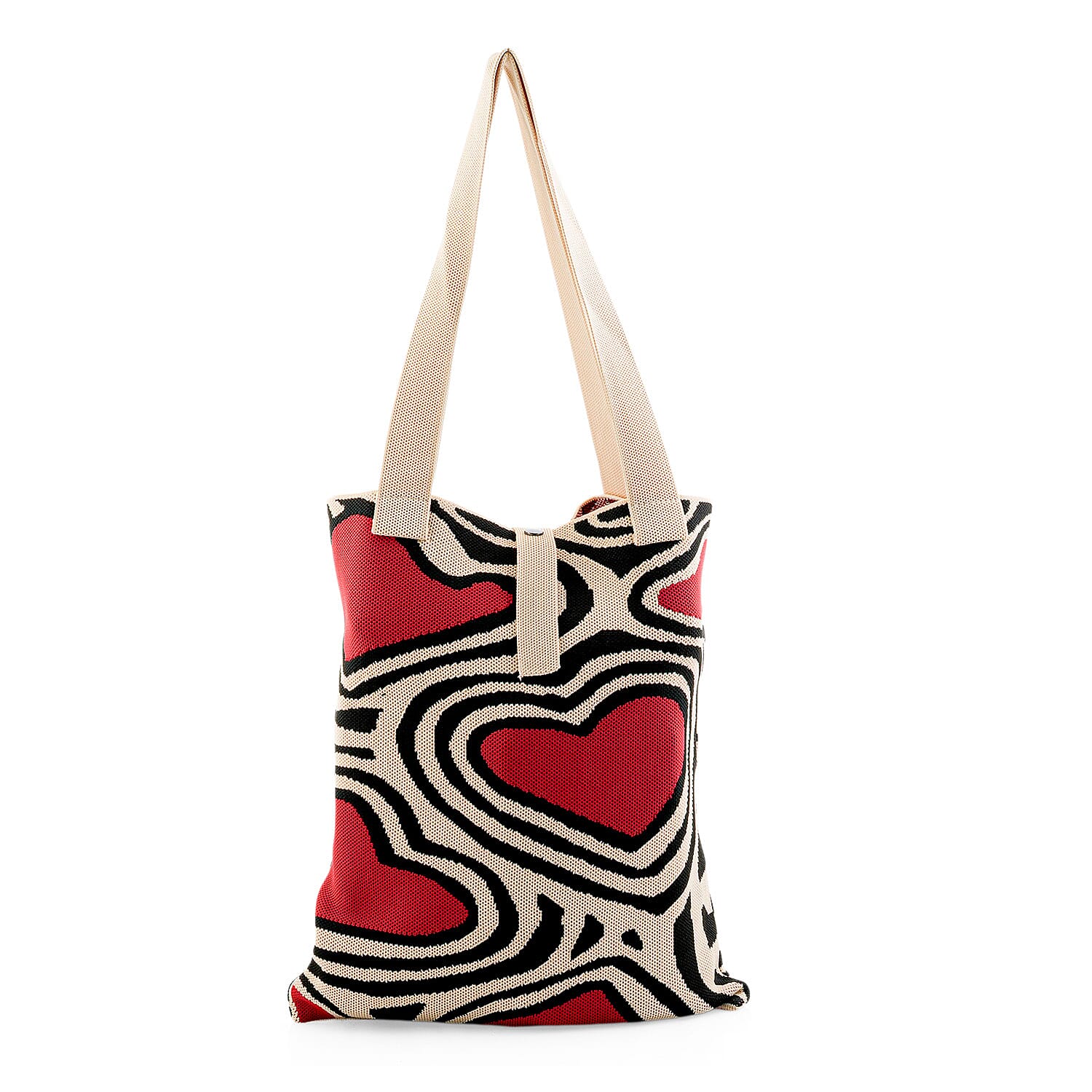 White and Red Heart Print Polyester Tote Bag