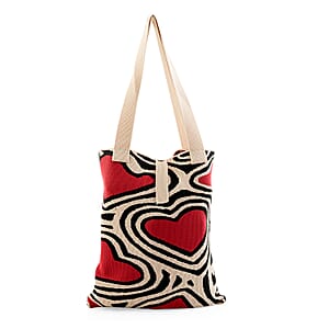 White and Red Heart Print Polyester Tote Bag