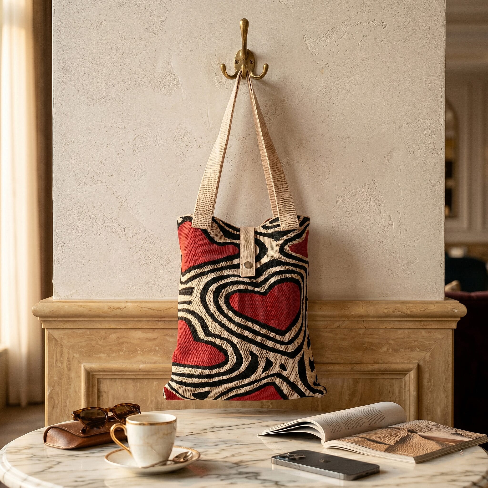 White and Red Heart Print Polyester Tote Bag